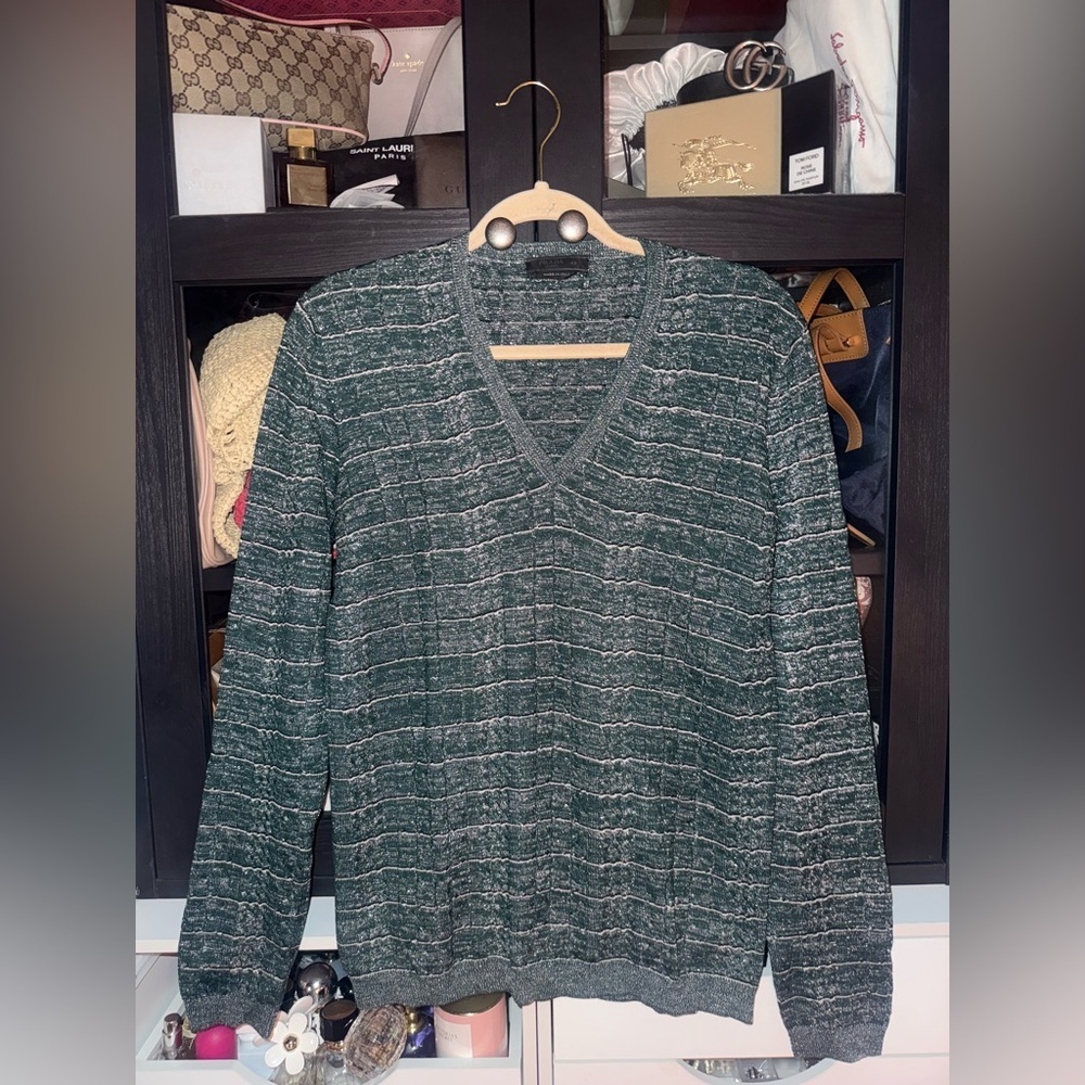 Prada V-Neck Metallic Sweater in Green and Gray